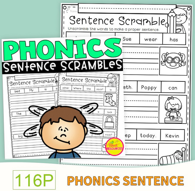 Phonics Sentence Scrambles 학습 파닉스 영어 단어 홈스쿨 워크북 영어 문제집, 116 Pcs
