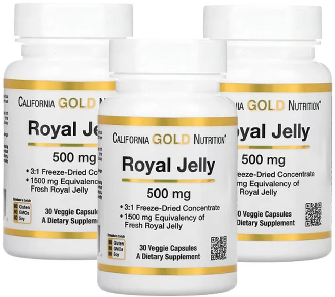 캘리포니아골드뉴트리션 로얄 젤리 농축 및 동결 건조 500 mg 30 식물성 캡슐, 3팩, 30정 - 쿠팡