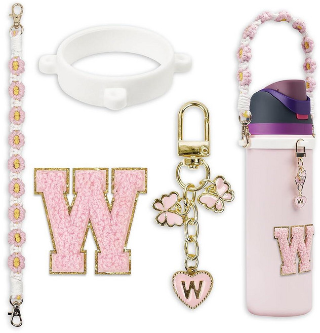 SITKOL 귀여운 레터 참 세트 Owala 물병 680.4g24온스 946.4ml32온스 1.18L40온스 아동용 커피 텀블러 FreeSip과 호환 - 핸들 스트랩, 레터: W, 핑크