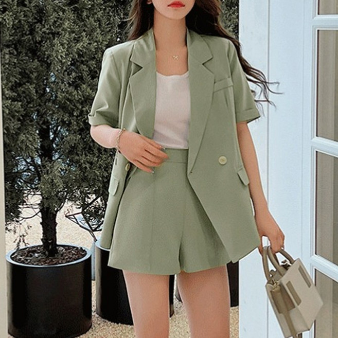 믹스블링 투피스 세트 반팔 여성 자켓 밴딩 반바지 여름 정장