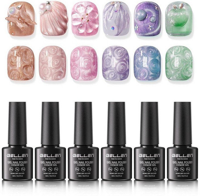 GELLEN 캣아이 젤 네일 폴리쉬 세트 6가지 색상 마그네틱 매니큐어 자석 포함 펄 쉬머 핑크 누드 브라운 스레드 도움 6ml Soak Off UV 키트 382217, Cat Eye Set - Luminous Threads
