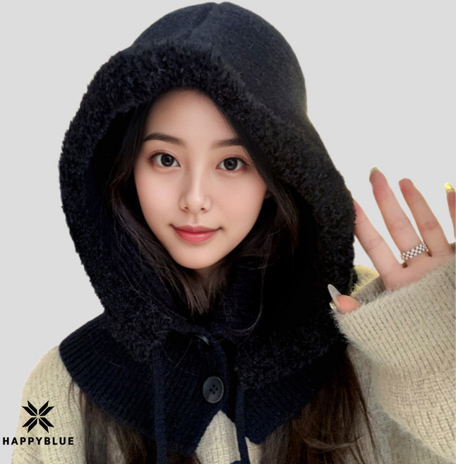 해피블루 오버핏 바라클라바 니트 후드 넥워머, 퓨어블랙, 1개