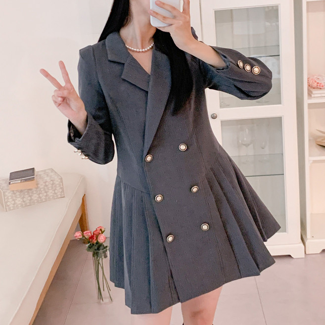 히또리 [쿠팡특가] 여성 심플 정장 더블버튼 롱자켓 플리츠 미니원피스