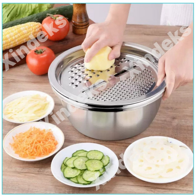 [독일기술] 야채 만능 채칼 강판 채썰기 절단기 당근 감자 양파 양배추 슬라이서 스텐 채반 다용도 탈수기 다기능 주방용 3종 세트 포장증정, 1세트