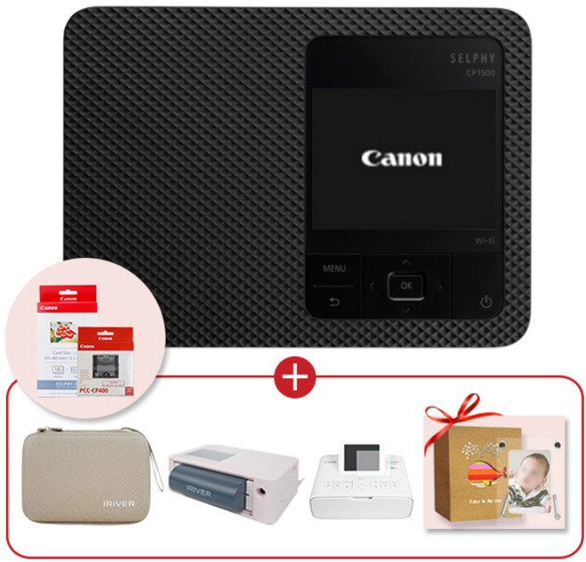 캐논 셀피 CP1500+KC-18IF+아이리버 케이스+외장 배터리 세트, 블랙+IR케이스+배터리, KC-18IF+정품카세트, 필름+카드아크릴액자+앨범