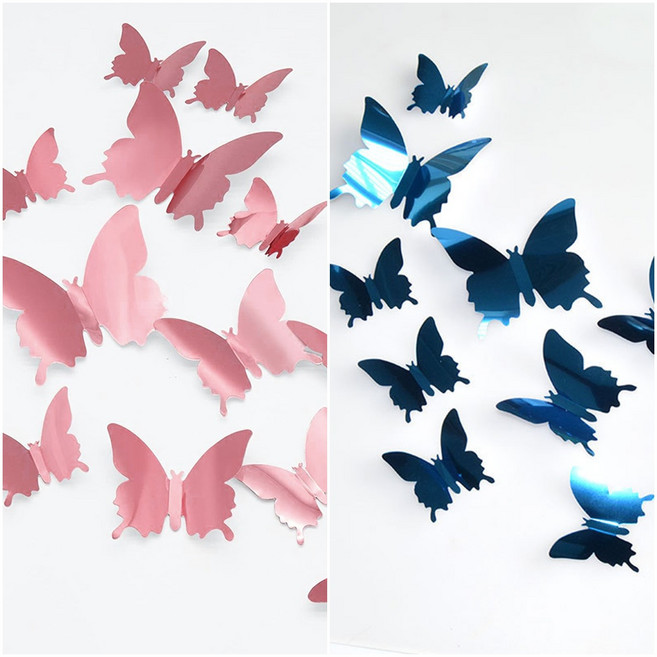 예삐스토어 12p 입체 나비 포인트 벽장식 자석부착 스티커 3d 벽지 데코 아이방, 로즈핑크+블루