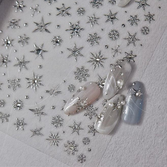 플러터 겨울 네일아트 눈꽃 메탈실버 입체3D 스티커, 단일, 1개