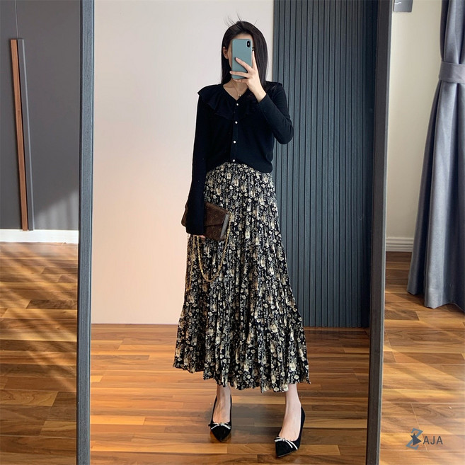 ZAJA 하이웨스트 플레어 롱 스커트 플라워 프린트 봄 여름 데일리룩 데이트룩 (밴딩)