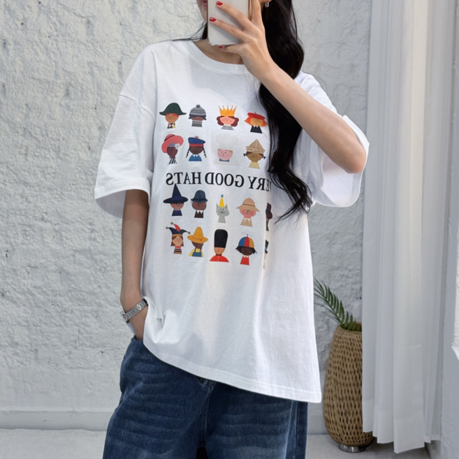 바이일이오 여성 모자장수 박스티 오버핏 루즈핏 여름 반팔 티셔츠