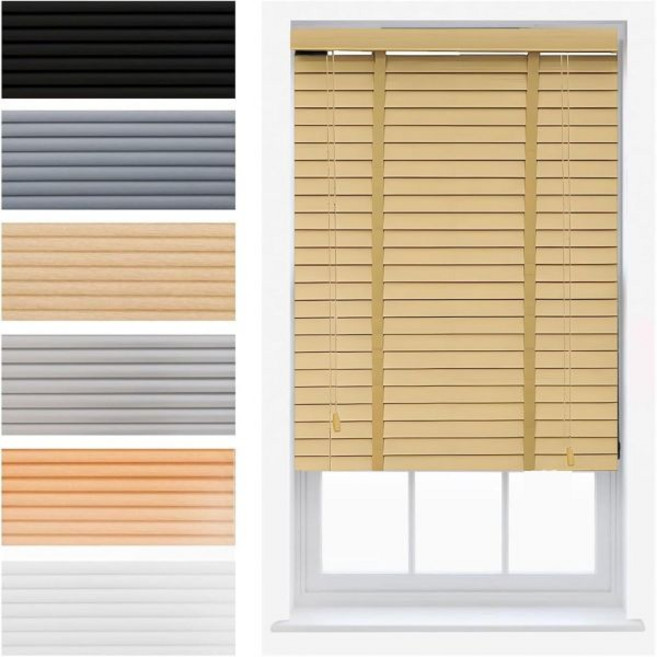 Wood Blinds 2 Slats Indoor Faux Wooden Blind Cordless Horizontal Window Shades Light Filtering She, Beige, 1개