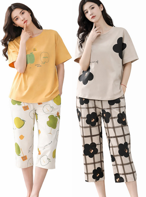 556 1+1 여성 캐릭터 홈웨어 반팔 7부 파자마 잠옷 상하의 2매 세트