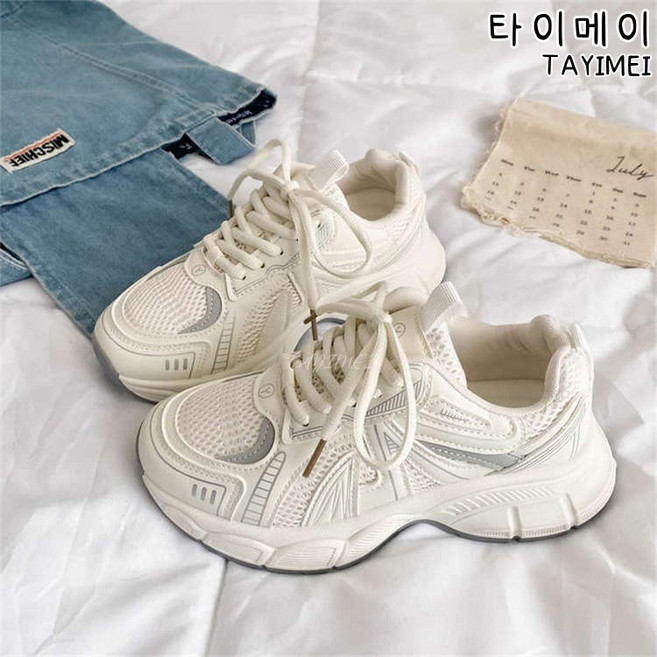 타이메이 두꺼운 밑창 작은 흰 신발 운동화 패션 여름 여자 아버지 신발 여자 통기 망면 신발