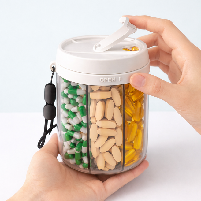 [올인원 휴대약통] 스핀캡슐 영양제 소분 케이스 일주일 약통 정리함, 1개, 화이트 대