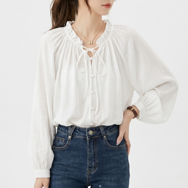 블랭크몰 살랑 여성 리본 끈 프릴넥 블라우스