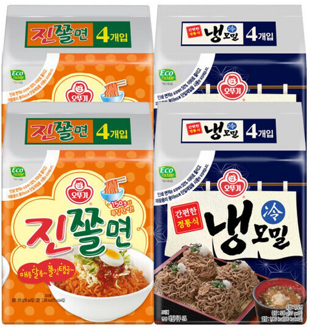 오뚜기 진짜쫄면 2팩+냉모밀 2팩(총16개입), 4팩