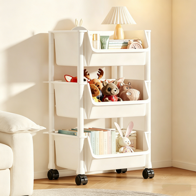 혼반홈 이동식 트롤리 U자형 선반 다용도 대용량 정리함 트롤리 보관함, 3단, 베이지