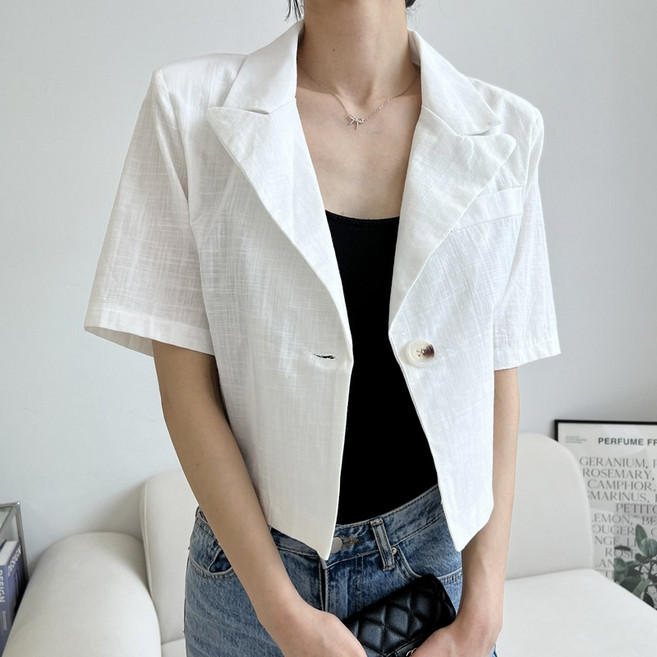 힙샵 여성 봄신상 린넨 크롭 브이넥 원버튼 캐주얼 반팔 자켓