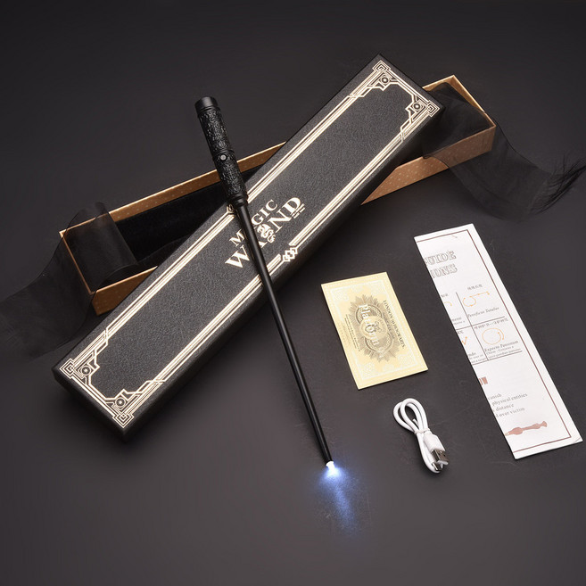 哈利波特發光魔法棒 USB充電魔杖 精緻禮盒 角色扮演道具, 1個, LED发光烫金丝带盒, 斯内普USB