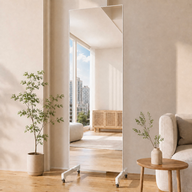 FitCleer 이동식 스탠드 전신거울 500x1600mm 깨지지 않는 무유리 고분자 필름 거울 소프트 미러, 화이트