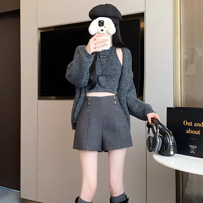 2026 봄가을신상 양모 혼방 쇼트팬츠 하이웨이스트 빅사이즈 A라인 와이드팬츠 여성 데일리 슬림 부츠컷