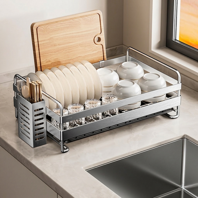 밀슨 녹슬지않는 304 올스텐 미니 식기건조대 자동 물빠짐 소형 설거지건조대 그릇 접시 정리대, 1개, 스테인리스, 1단