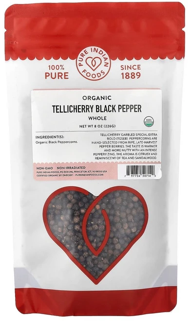 퓨어인디안푸드 텔리체리 흑후추 통후추 226g(8oz), PIF50714, 1개, 226g - 쿠팡