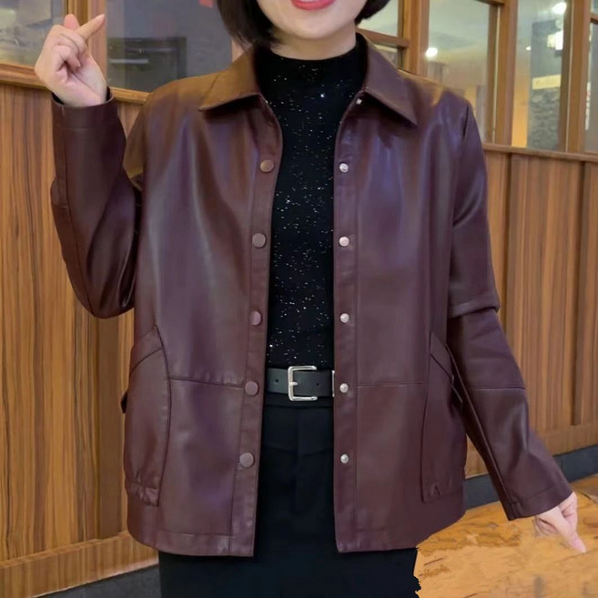 중년 여성 긴팔 레더 자켓 캐주얼 중장년 엄마 PU 가죽 재킷 루즈핏 기질 여자 레더 자켓 SYM