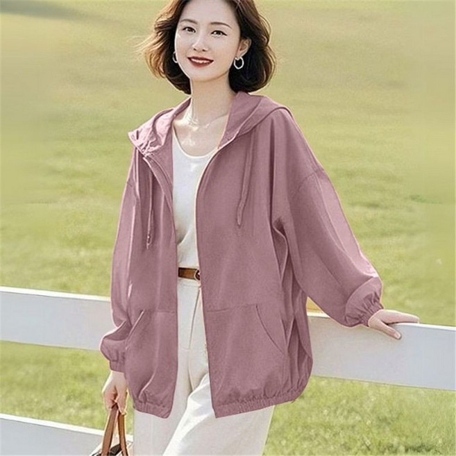 쭌스몰 빅사이즈 여성용 봄여름 자외선차단 루즈핏 중간길이 경량 바람막이 점퍼 UV 차단