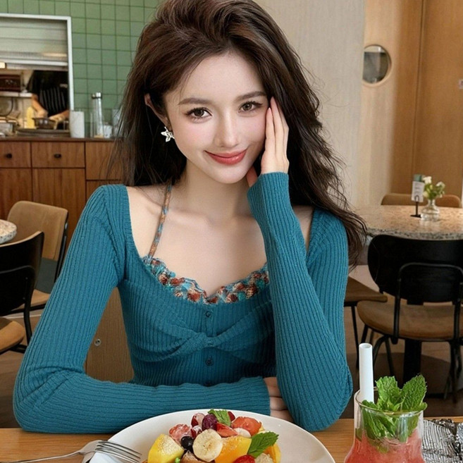 페이준 여성 가을 겨울 섹시 긴팔 티 레이스 패치 슬림 이너 티 YJ1850