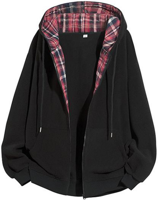 에쥬아 간절기 후드 집업 체크무늬 배색 빈티지 뽀글이 자켓