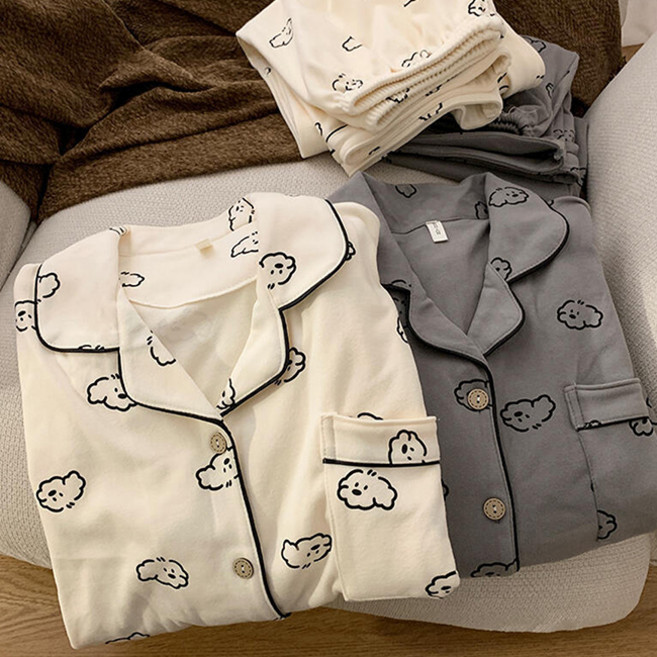 [기모] 귀여운멍뭉이 긴팔파자마 (신축성 좋은 잠옷세트 긴팔긴바지 여성 귀여운 홈웨어 봄 가을)