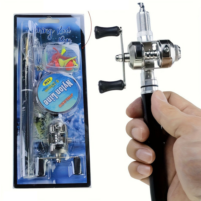 Hqzoomee 휴대용 미니 낚싯대 접이식 만년필 낚시대 미니 릴낚시대, 블랙