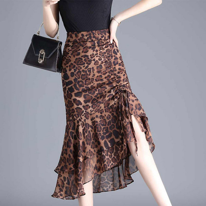 페이준 여성 호피 프릴 쉬폰 스커트 언밸런스 하이웨스트 머메이드 스커트 IB8927