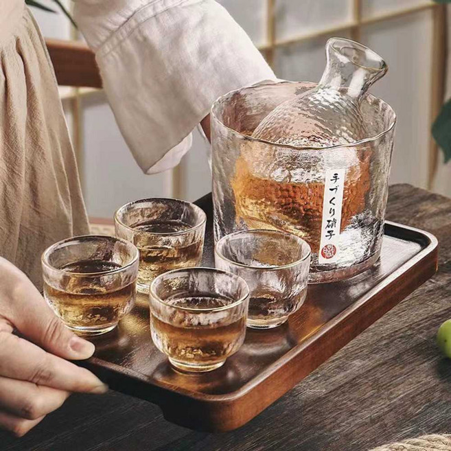 일식 술잔 세트 겨울 온주기 청주 유리 주전자 술병 소주잔, 투명 기본 세트 + 선문 케이스, 1세트