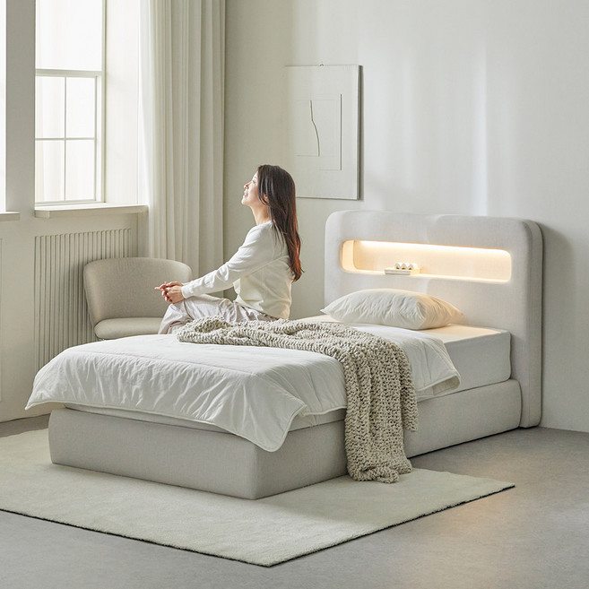 휴먼앤퍼니처 루피 패브릭 LED 침대+라텍스 매트리스(슈퍼싱글 / 퀸 / 킹), 01.슈퍼싱글+라텍스매트 GHM279 착불_아이보리