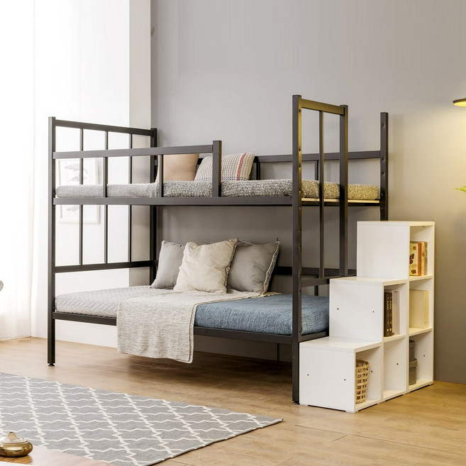 플라망 업다운 높이조절 철제 이층 침대 블랙 SS 수납계단형, 화이트_KME901BKC