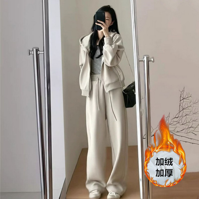 時尚運動兩件套連帽長袖外套闊腿長褲 | 休閒套裝女 | 刷毛套裝 秋冬套裝 a0342