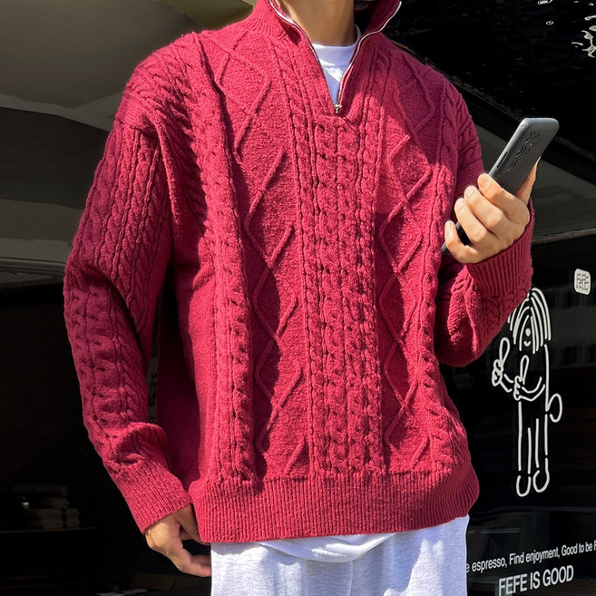 데이즈 남성 클래식 케이블 꽈배기 니트 반집업