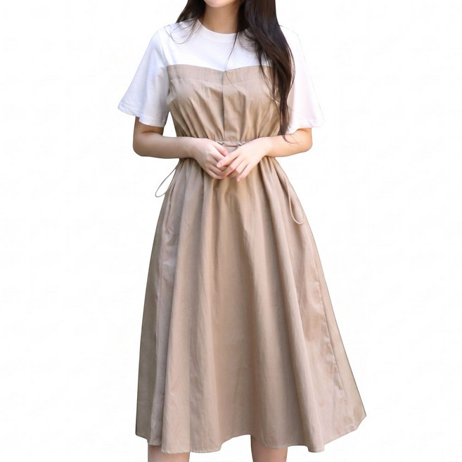 메리앤유 레이어드 배색 스트링 여름 반팔 플레어 원피스