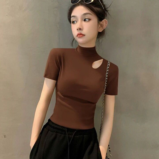 FANSYLI 반팔 티셔츠 여성 반폴라 펀칭티 봄가을 심플 슬림 이너탑 간절기 데일리룩 X2508A30