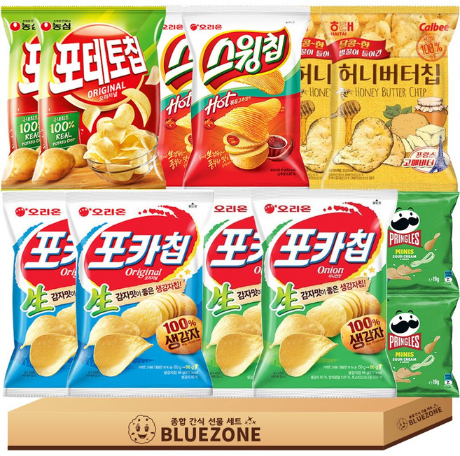 감자과자 세트 포카칩 오리지널2개 어니언맛2개 스윙칩2개 포테토칩2개 허니버터칩2개 프링글스2개, 50g, 1개