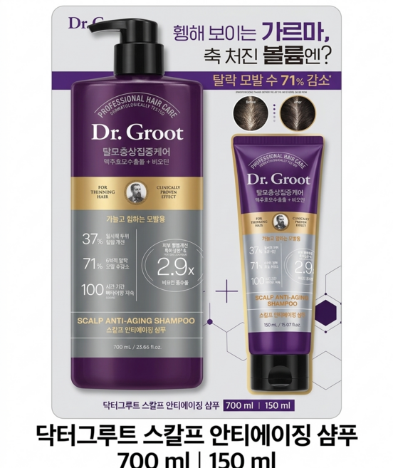굿픽샵 닥터그루트 스칼프 안티에이징 샴푸 탈모증상완화 대용량 세트 두피케어 비오틴 함유+ 고급 사탕 증정, 1개, 850ml