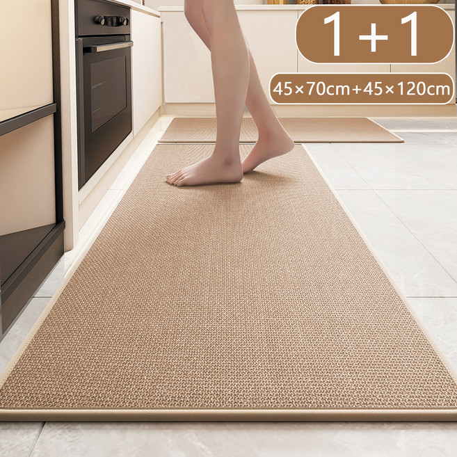 Firina 린넨 짜임 주방 발매트 2장 세트 논슬립 미끄럼방지 대형 러그, 브라운×45×70cm+45×120cm×2개