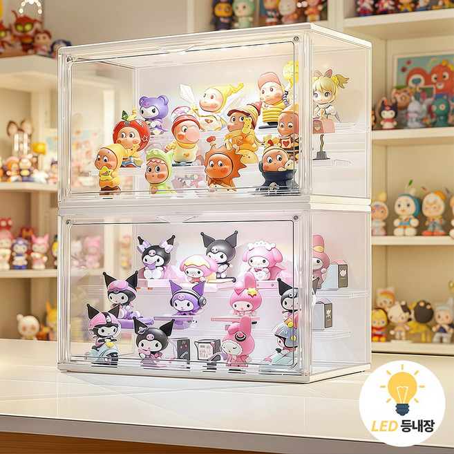 Curious Pony 피규어 장식장 led 투명 아크릴 케이스 탈부착 가능한 계단형 선반, 2개