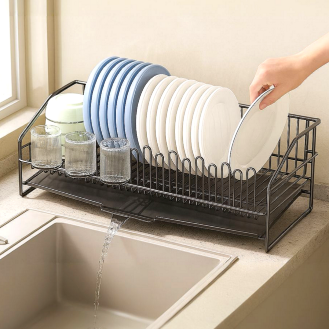 한큐정리 주방 물빠짐 식기건조대, 1개, 블랙, 1단