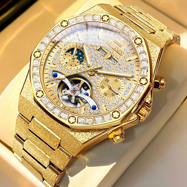 OLEVS 남자손목시계 기계식 오토매틱 정품 패션 다기능 럭셔리 메탈 야광 워터프루프 남자시계