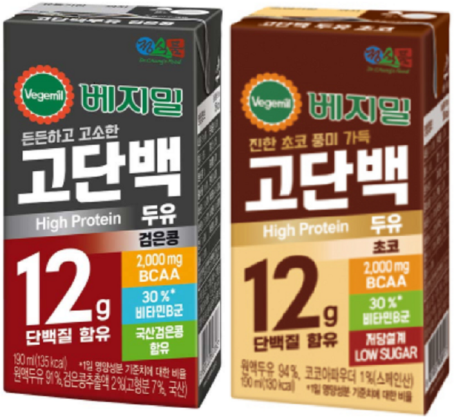 베지밀 고단백 두유(검은콩+초코 묶음구성) 단백질 보충 운동전후 부모님 간식, 190ml, 32개
