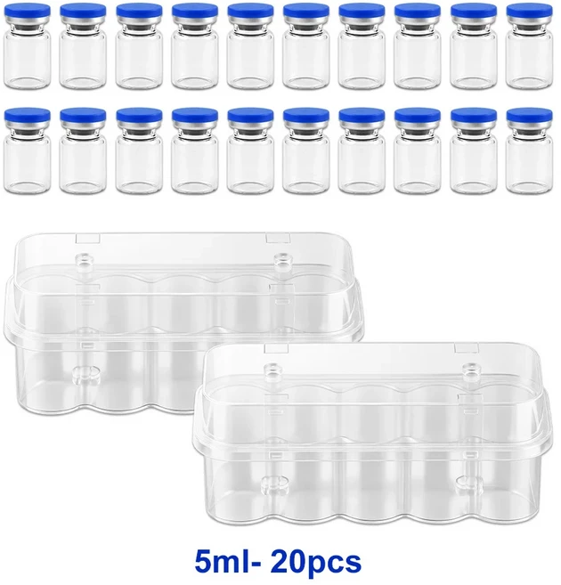 3/5/7/10ml 유리 주사병 주사용 고무 마개로 밀봉된 두꺼운 멸균 빈 유리병고무 마개로 밀봉된 캡 포함, [01] 5ml 20PCS Set