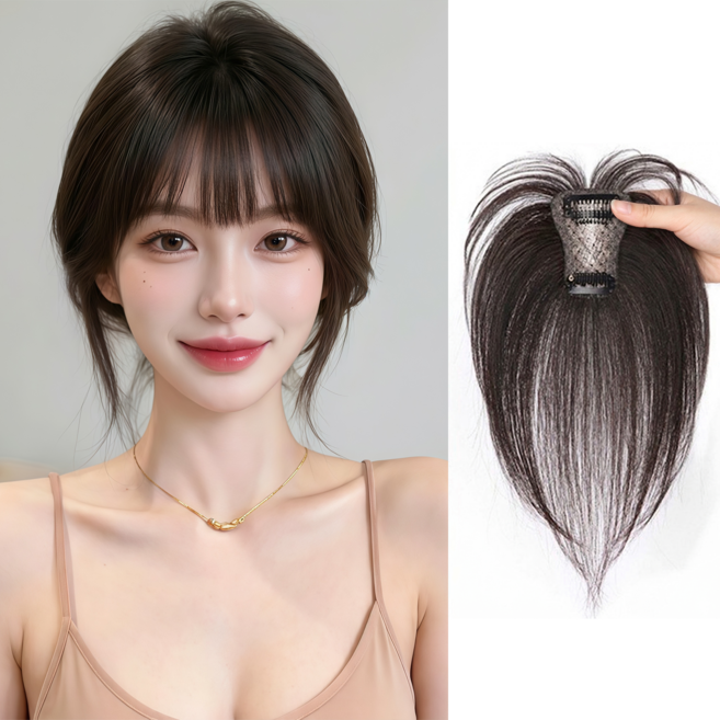 Leesheer 여자 볼륨 정수리 부분가발 100%인모 수제 앞머리 가발, 프렌치 앞머리(내추럴)4*6cm, 1개
