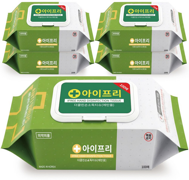 IFREE 알콜 소독 티슈 살균 물티슈 주방 소독티슈 대용량 100매 아기 손소독 티슈 핸드폰, 5세트, 100매입, 58g